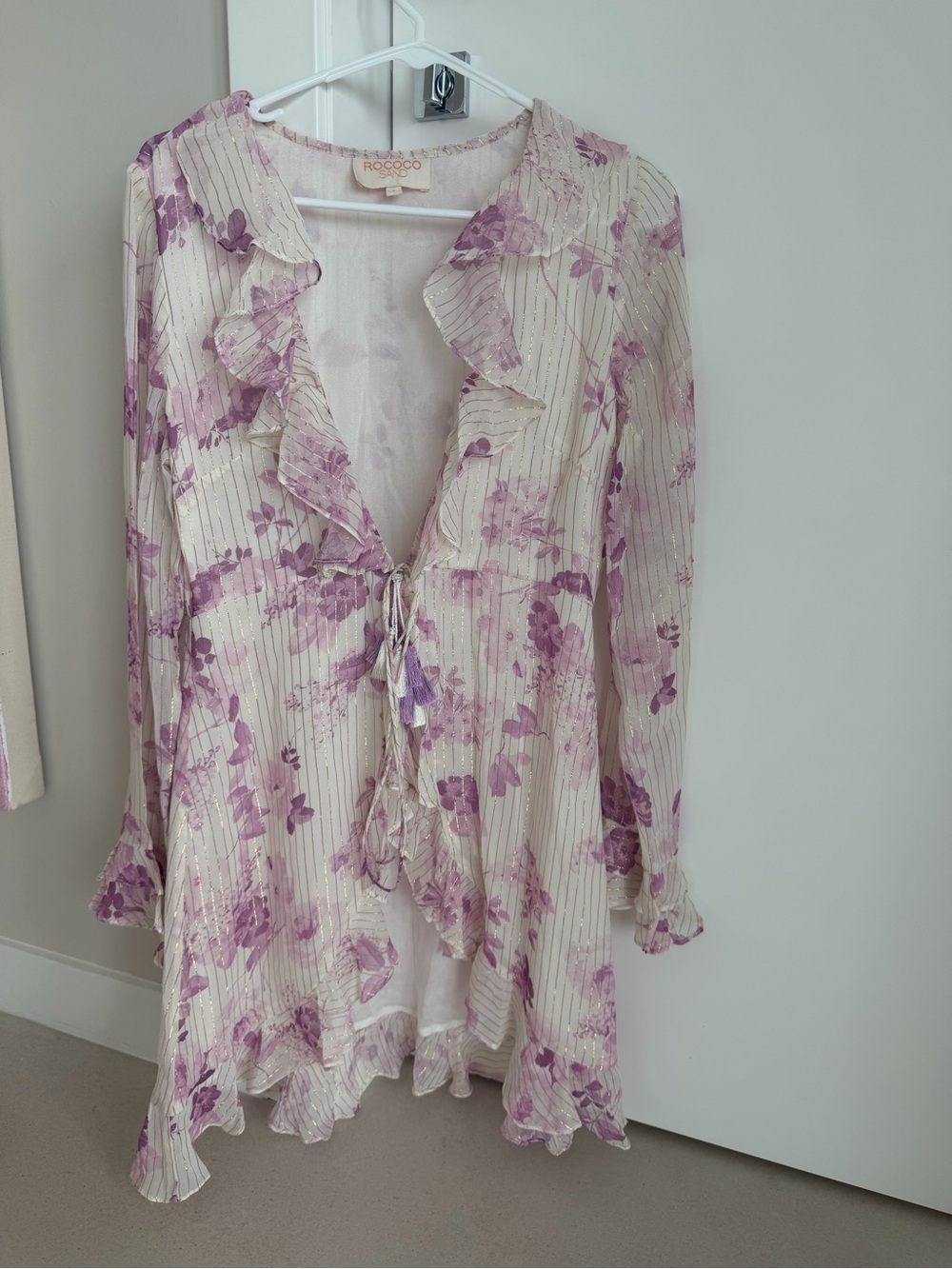 Rococo Sand Cream and Lilac Floral Ruffle Dress